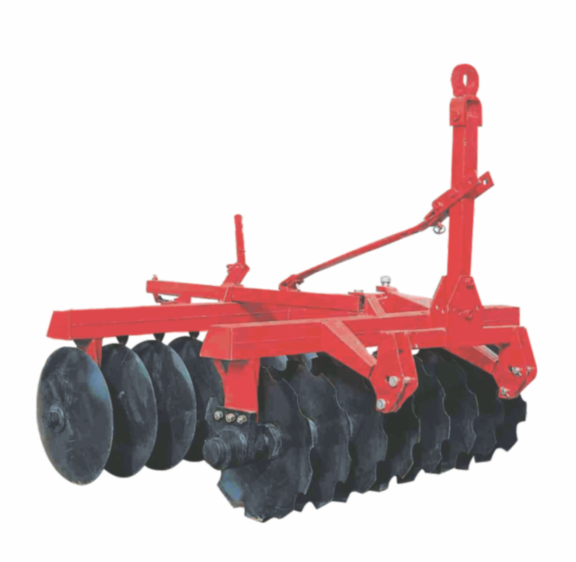 Durable offset disc harrow for seedbed preparation and soil management operations.
